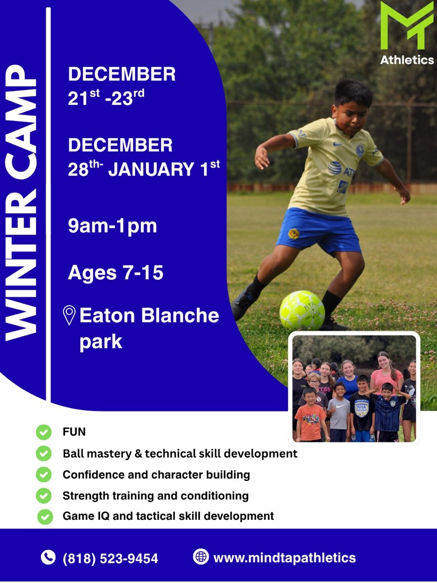 MindTap Athletics Winter Camp flyer. December 21 to 23 and December 28 to January 1, 9am to 1pm, ages 7 to 15, Eaton Blanche Park, Pasadena.